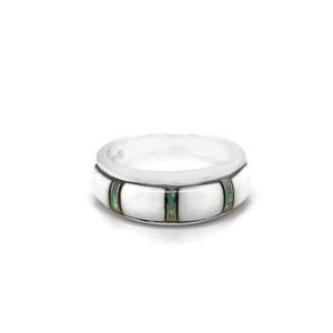 New. Size 6 Sterling Silver Band Ring. Synthetic Opal and White Jet. Southwest S